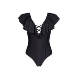 Ruffled V-Neck Black Monokini