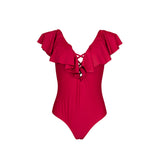 Ruffled V-Neck Wine Red Monokini