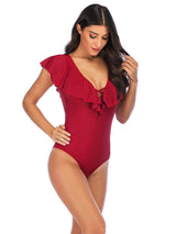 Ruffled V-Neck Wine Red Monokini