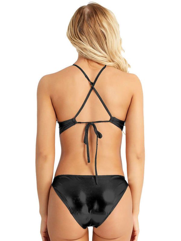Shiny High Cut Black Bikini Set