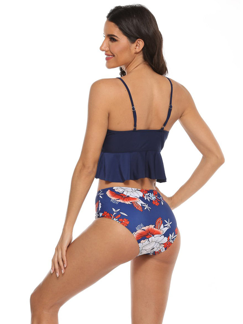 High Waist Ruffled Navy Blue Bikini Set