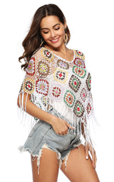 Crochet Long Fringed Boho White Cover Up