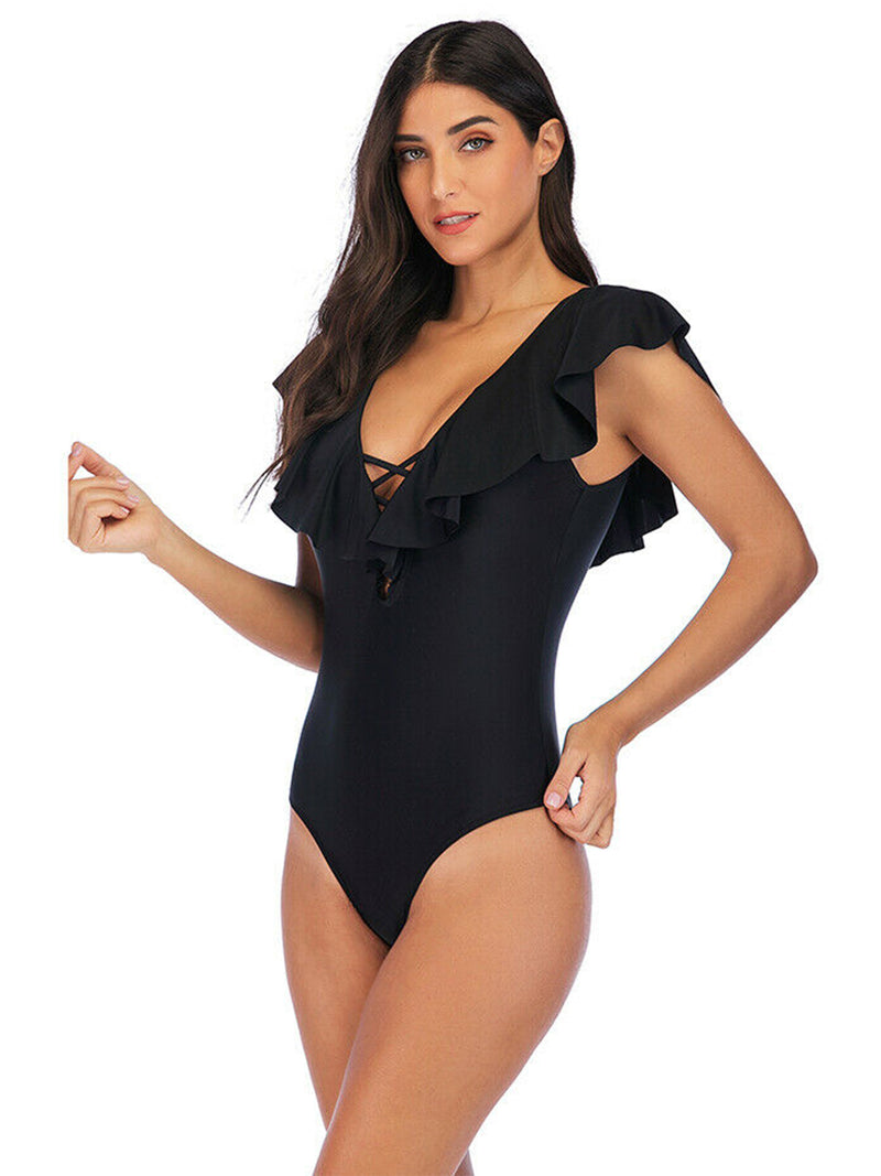 Ruffled V-Neck Black Monokini