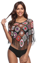 Crochet Long Fringed Boho Black Cover Up