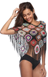 Crochet Long Fringed Boho Black Cover Up