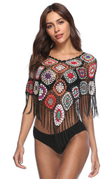 Crochet Long Fringed Boho Black Cover Up