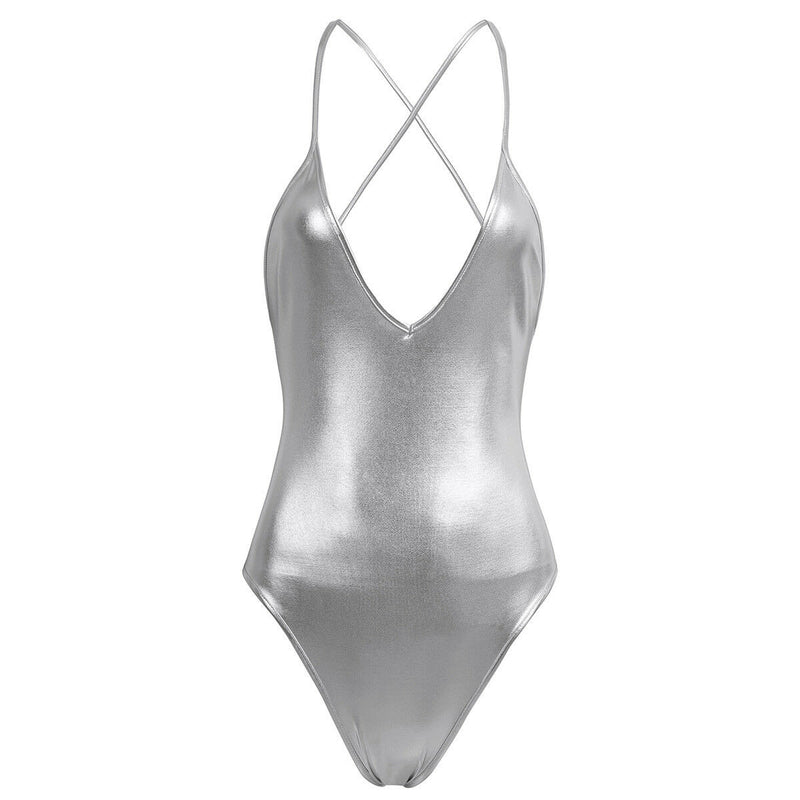 Backless Leather Silver Monokini