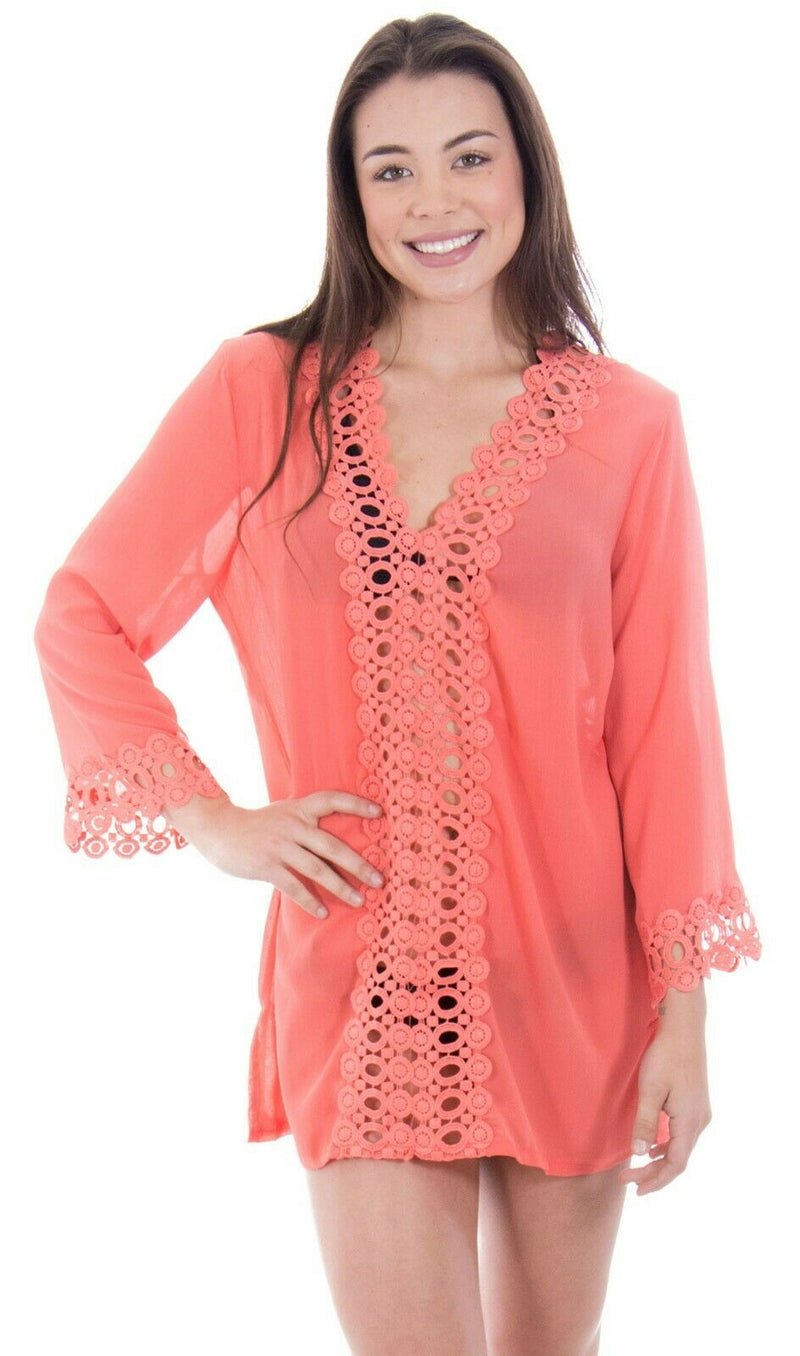 Crochet V-Neck Coral Cover Up