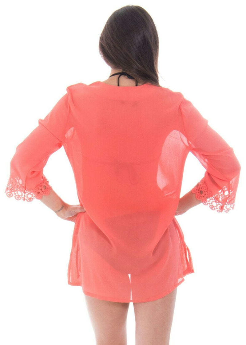 Crochet V-Neck Coral Cover Up