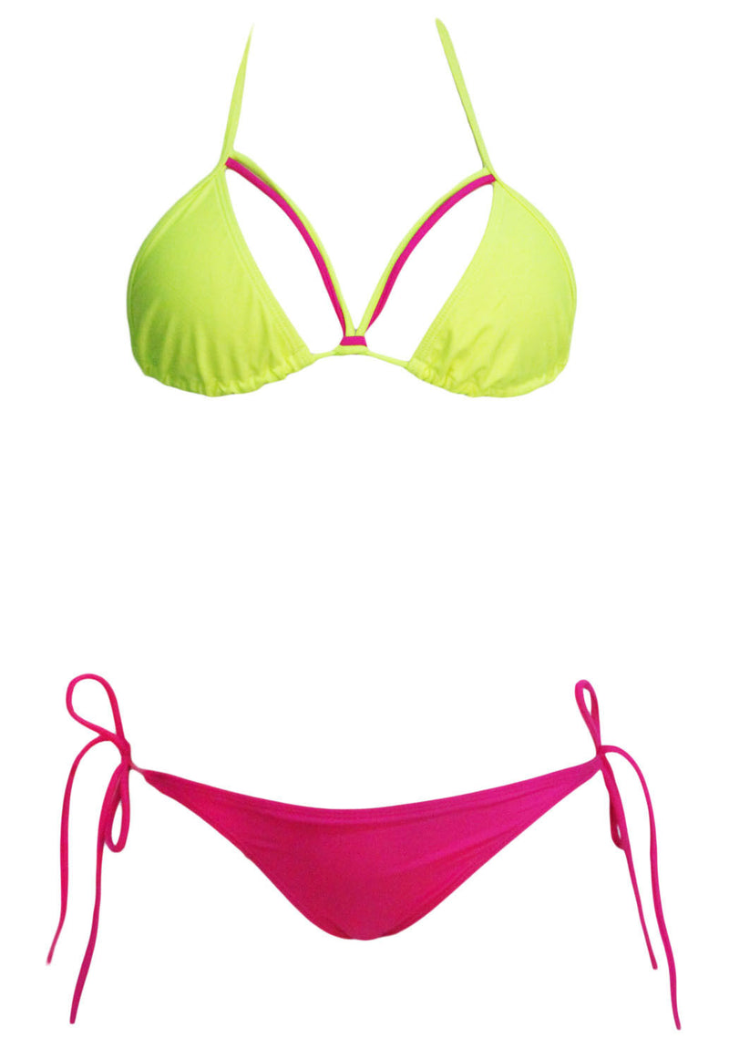 Pink & Yellow Double Strapped Bikini Set