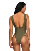 Deep V Neck Olive Thong Monokini