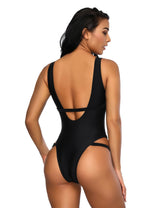 Deep V Neck Black Thong Monokini