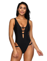 Deep V Neck Black Thong Monokini