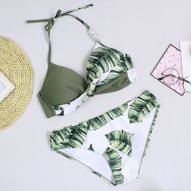 Halter Green Leaf Print Bikini Set