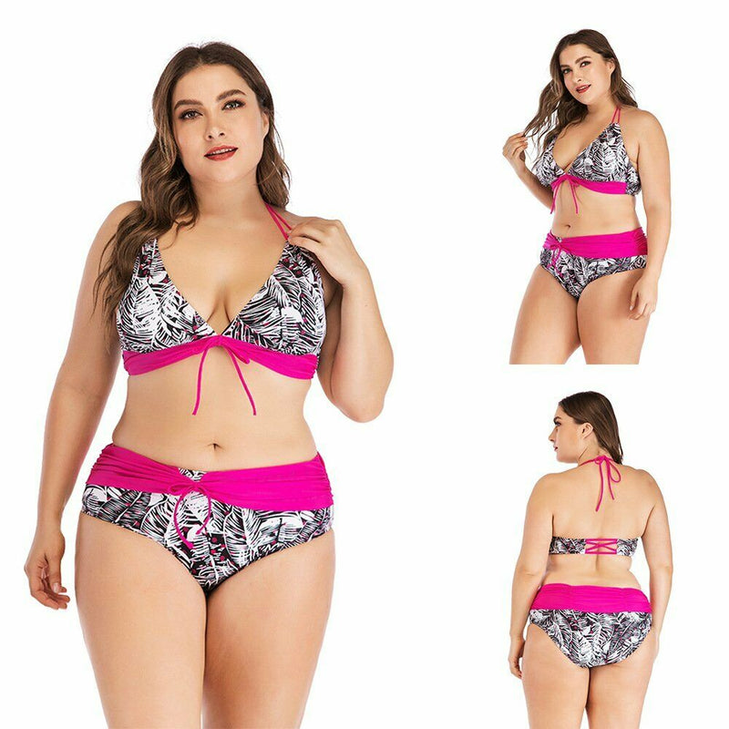 Plus Size Printed Leaves Bikini Set