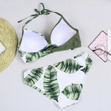 Halter Green Leaf Print Bikini Set