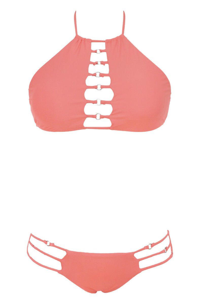 High Neck Pink Open Stripe Bikini Set