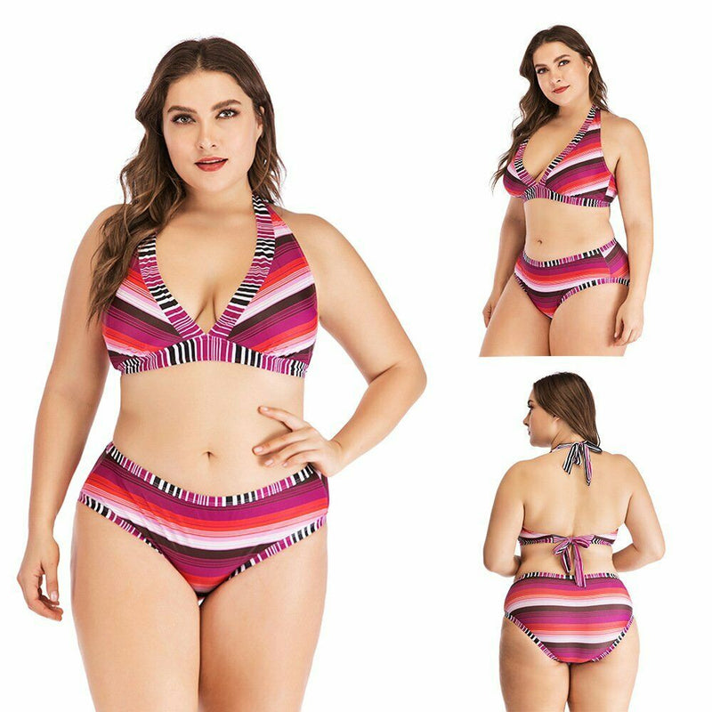 Plus Size Red Rose Stripped Bikini Set