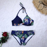 Halter Blue Leaf Print Bikini Set