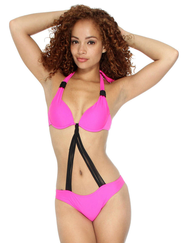 Bandage Cross Black/Pink Bikini Set
