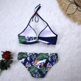 Halter Blue Leaf Print Bikini Set