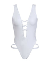 Deep V Neck White Thong Monokini