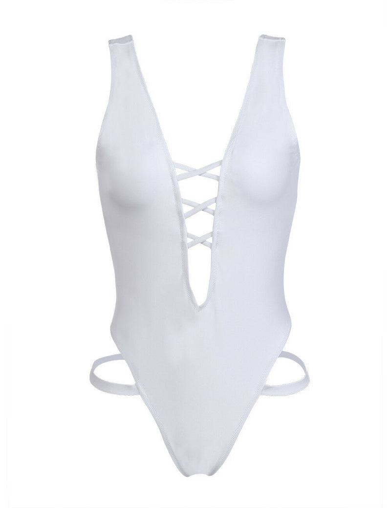 Deep V Neck White Thong Monokini